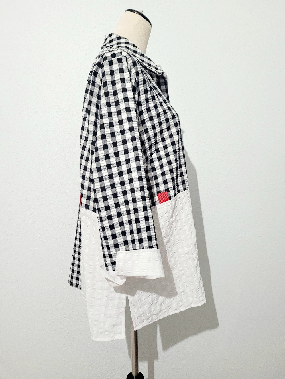 Ali Miles Large Black White Gingham Patchwork Tunic Shirt Artsy Button Top Fun - Picture 4 of 15